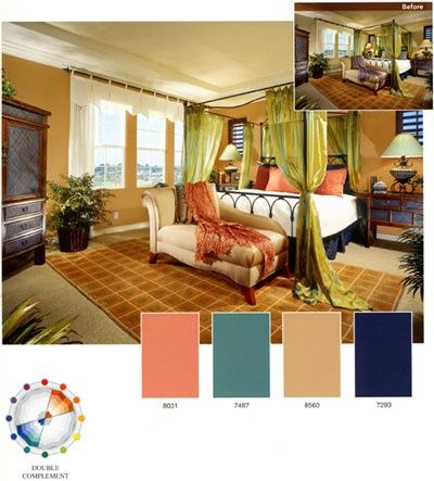 This bedroom creates a double complementary color scheme. Different tints and shades of hues are used in this room, but they still create a double complementary color scheme. Double Complementary Colors, Split Complementary Color Scheme, Split Complementary Colors, Color Schemes Design, Kids Room Interior Design, Bedroom Colour Palette, Complimentary Color Scheme, Interior Design Presentation, Color Harmony