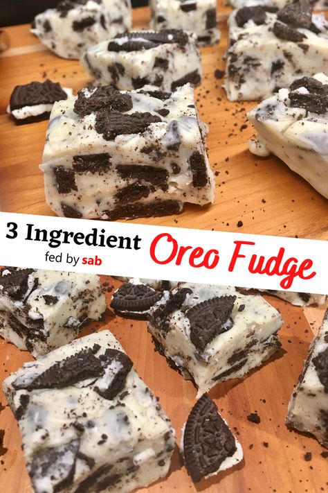 square pieces of oreo fudge plated on a wood cutting board Cookies And Cream Fudge 3 Ingredient, Cookies N Cream Fudge, Homemade Fudge Rounds, White Chocolate Oreo Fudge, Easy Oreo Fudge, 3 Ingredient Oreo Fudge, Recipes With Milk Dessert, Chocolate Cake With Oreos, Easy Fudge Recipe 3 Ingredients Condensed Milk