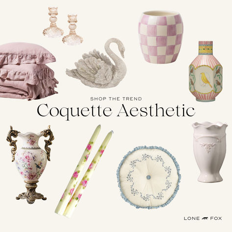 Coquette is ultra feminine and romantic, utilizing a lot of pink, bows, hearts, etc. It almost feels a little shabby chic but more sophisticated/edgy. Lone Fox Home, Nursery Peter Pan, Goddess Witchcraft, Cottage Witch, Fox Home, Aesthetic Stores, Aesthetic 2024, French Architecture, Fairest Of Them All