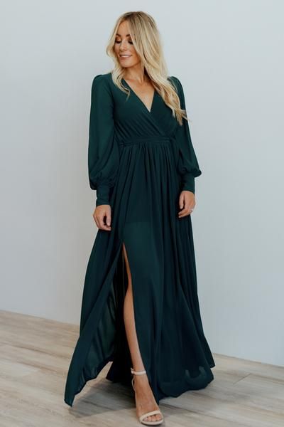 Celine Emerald Maxi Dress | Baltic Born Engagement Photo Dress, Celine Dress, New Years Wedding, Dresses Holiday, Baltic Born, Grey Maxi Dress, Dresses Bridesmaid, Chiffon Material, Dress Measurements