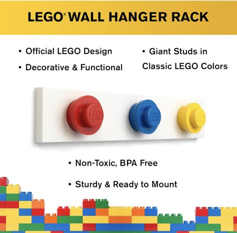 Lego Wall Hanger Rack - Coat Rack with 3 Hooks for Hanging Coats, Backpacks, Hats | Perfect Kids Lego Room Decor | Assorted Colors - Red, Blue, Yellow Kids Lego Room, Kids Coat Rack, Lego Room Decor, Lego Wall, Classic Lego, Lego Room, Lego For Kids, Buy Lego, Hanger Rack