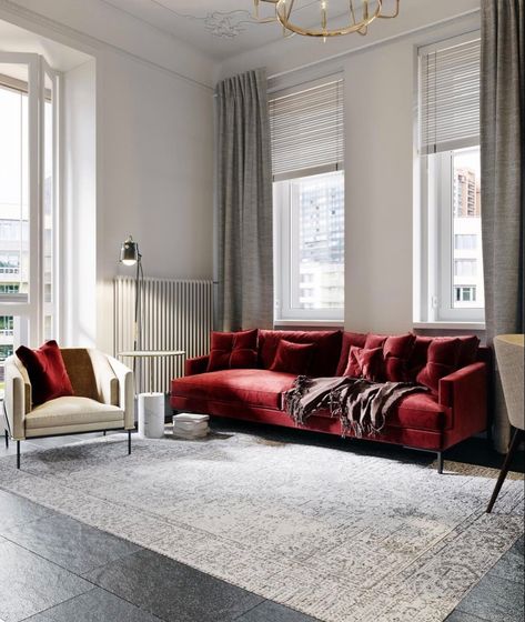 Burgundy Couch Living Room, Red Sofa Decorating, Red Couch Decor, White Apartment Decor, Red Sofa Living Room, Red Couch Living Room, Modern Traditional Living Room, Red Living Room Decor, Living Room Red