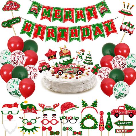 Christmas Birthday Party Decorations, Merry Birthday, Christmas Birthday Cake, Green Confetti, Backdrop Christmas, Christmas Photo Props, Christmas Photo Booth, Birthday Banner Design, Merry Bright Christmas