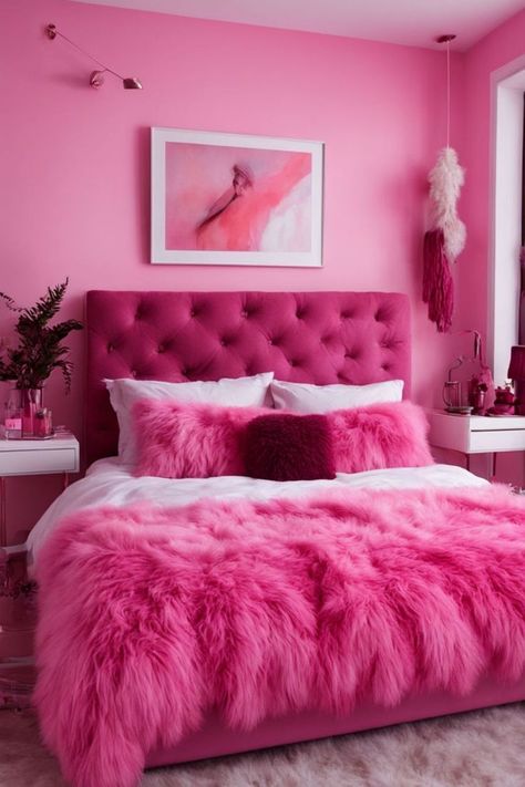 A beautifully adorned bedroom featuring pink boho-inspired elements, offering ideas for creating a serene and stylish bohemian retreat in your living space. #PinkBohoBedroom #BohemianRoseHaven #BedroomIdeas Fushia Bedroom Decor, Bedroom Hot Pink Accents, Bedroom Interior Aesthetic, Hot Pink Bedroom Aesthetic, Hot Pink Bedroom Ideas, Pink Boho Bedroom Ideas, Bedroom Playlist, False Ceiling Design Bedroom, Fuschia Bedroom