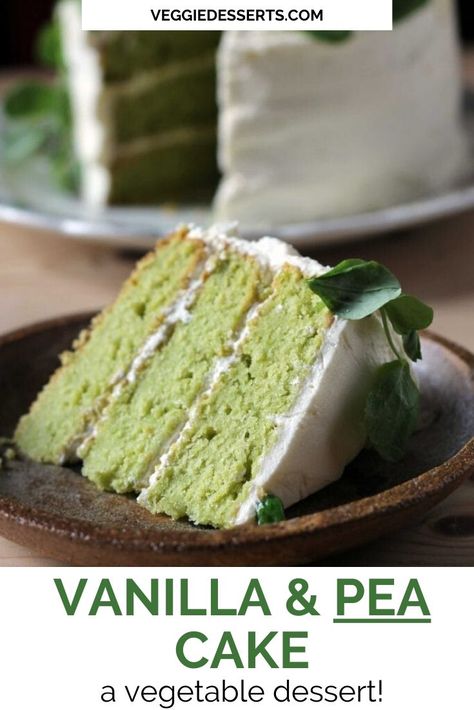 This Sweet Vanilla Pea Cake tastes like a vanilla cake, but it's green! The flavor of the peas fades away in this vegetable cake. It's topped with a zingy lemon frosting and a halo of pea shoots for decoration. Pea Cake, Avocado Cake, Vegetable Cake, Matcha Cake, Lemon Frosting, Lime Cake, Vegan Christmas Recipes, Lemon Icing, Lemon Buttercream