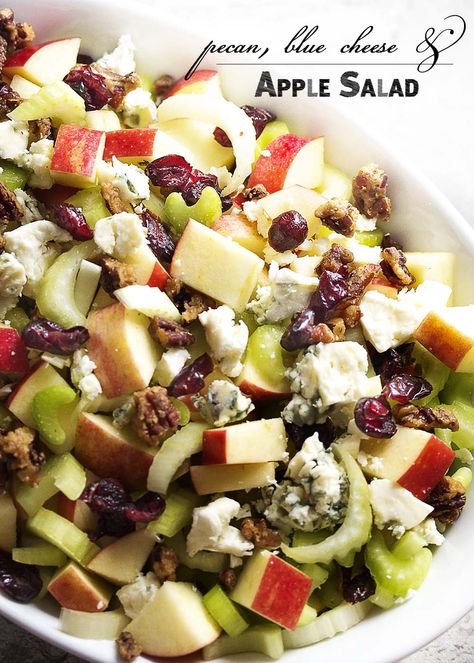 Maple glazed pecans, blue cheese, and diced apples combine with dried cranberries and sliced celery in this fall harvest salad. Great for weeknight dinners and a wonderful side for Thanksgiving. | justalittlebitofbacon.com Roast Pecans, Apple Pecan Chicken Salad, Apple Pecan Salad, Pecan Chicken Salads, Salad With Chicken, Apple Chicken, Pecan Chicken, Harvest Salad, Pecan Salad