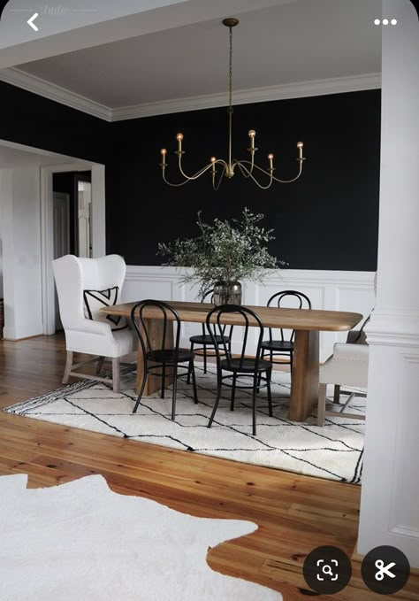 Modern Traditional Dining, Modern Traditional Dining Room, Black And White Dining Room, Room Lighting Design, Modern Dining Room Lighting, Black White Kitchen, White Wainscoting, White Armchair, Dear Lillie