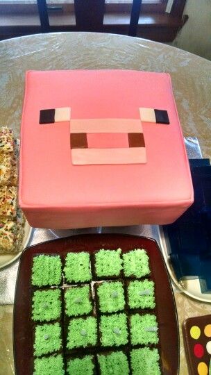 Minecraft Axolotl Cake, Minecraft Pig Cake, Minecraft Pig, Pig Cake, Minecraft Birthday Party, Minecraft Cake, Minecraft Birthday, Minecraft Party, Rice Krispies