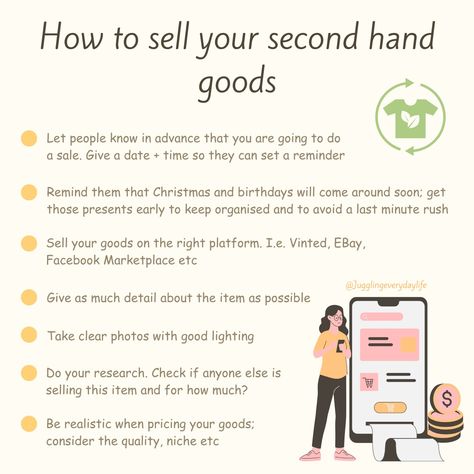 Thinking to make some extra money? 💰 here are my top tips on how to sell your second hand goods on platforms such as vinted, ebay and facebook market place. Follow my tips and you will be sure to make a sale 👍🏼 click the link for more info - #budget #makemoneyonline #research #sale #selling #sidehustlesuccess #secondhand #organised #declutter #ebayseller #facebookmarketingtips #vinted #moneymaker Vinted Tips, Ebay Reinstatement, Ebay Selling Tips, Selling Clothes Online, Reselling Clothes, Ebay Selling, Extra Money Online, Make Money Online Free, Selling Clothes