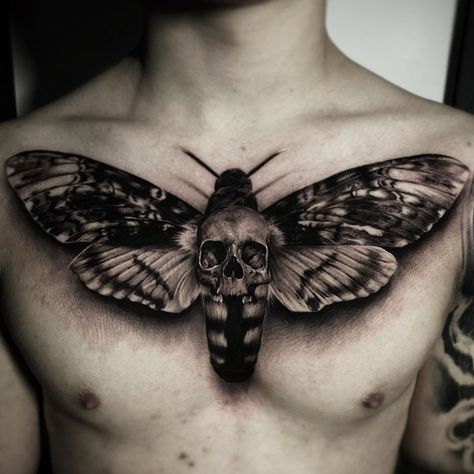 Andy Tattoo, Moth Tattoos, Moth Tattoo Design, Realism Tattoos, Male Chest, Tattoo Magazine, Chest Piece Tattoos, Moth Tattoo, Chest Tattoo Men