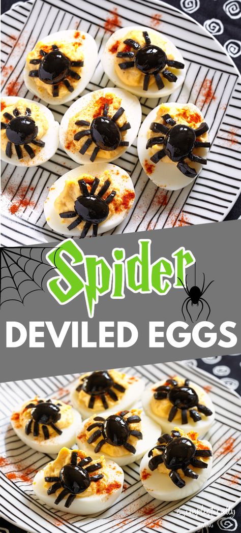 Spider Deviled Eggs Spider Deviled Eggs, Spider Food, Dip Party, Halloween Dip, Halloween Deviled Eggs, Halloween Appetizer, Halloween Appetizers Easy, Gluten Free Puff Pastry, Halloween Food Appetizers