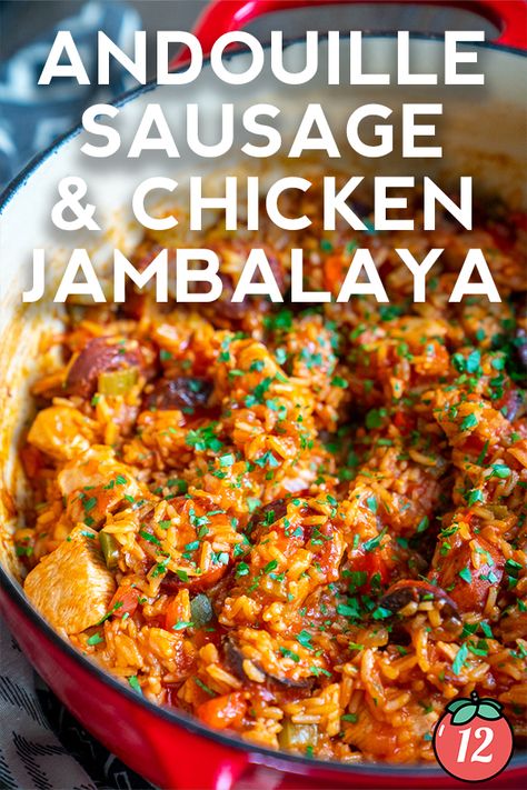 Andouille Sausage and Chicken Jambalaya | 12 Tomatoes Meals With Andouille Sausage, Andouille Sausage Recipes Pasta, Jambalaya Recipe Chicken And Sausage, Recipes With Andouille Sausage, Jambalaya Casserole, Louisiana Jambalaya Recipe, Chicken Andouille Sausage Recipe, Sausage And Chicken Jambalaya, Chicken And Sausage Jambalaya Recipe