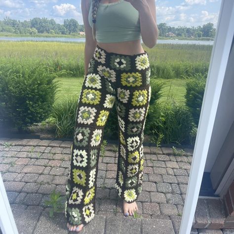 CUSTOM crochet granny square pants 💚🤎🤍 #crochet... - Depop Granny Square Pants Pattern, Crochet Granny Square Pants, Granny Square Pants, Pants Crochet, Custom Pants, Pants Custom, Flower Pants, Crochet Pants, Crochet Frog