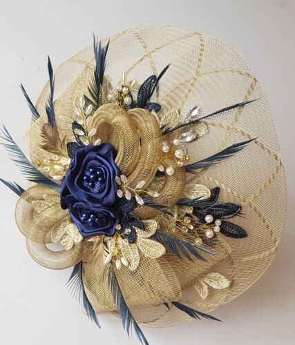 Gold And Navy Blue Fascinator,mother Of Bride,hand Made To Match your Outfit | eBay Blue Gold Outfit, Fascinator Designs, Navy Blue Fascinator, Blue Fascinator, Birthday Designs, Mother Of Bride, Birthday Design, Metal Band, Your Outfit