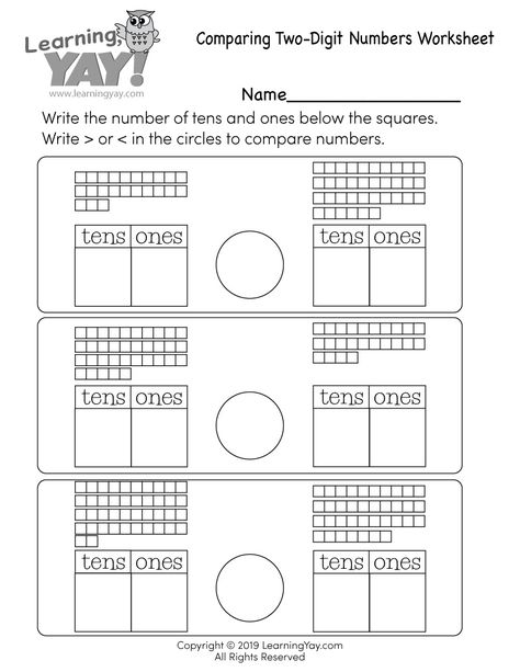 This free number sense worksheet can help first graders improve their understanding of place value and the properties of operations by comparing two two-digit numbers based on meanings of the tens and ones digits. Students are asked to write the number of tens and ones below the squares in order to compare each two-digit number using a greater than or less than symbol. Comparing Numbers Worksheet, First Grade Freebies, Place Value Worksheets, Numbers Worksheet, Math Practice Worksheets, First Grade Math Worksheets, Numbers Worksheets, Free Printable Math Worksheets, Math Place Value