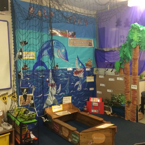 EYFS Role Play Area Idea. We are currently learning about Pirates & Under the Sea Creatures. This role play area is very interactive and offers lots of collaborative and independent learning! Beach Role Play Eyfs, Under The Sea Role Play, Role Play Areas Eyfs, Magical Kids Room, Kids Room Interior, Reception Classroom, Snail And The Whale, Eyfs Ideas, Pirate Activities