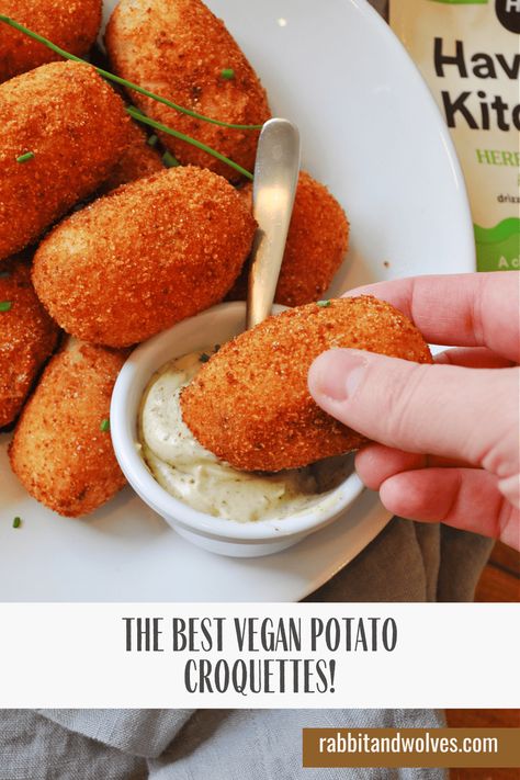 The Best Vegan Potato Croquettes - Rabbit and Wolves Vegan Potato Croquettes, Vegan Croquettes Recipe, Vegan Croquettes, Vegan Potatoes, Vegan Coconut Cake, Rabbit And Wolves, Croquettes Recipe, Oil Free Vegan Recipes, Potato Croquettes