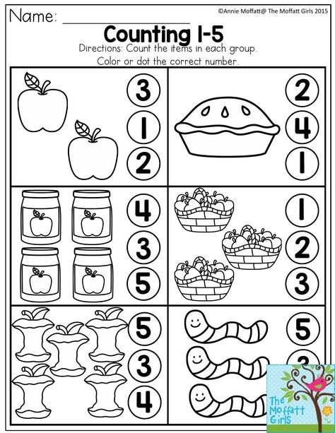 Counting 1-5.  Count the items in each group and dot or color the correct number.  There are tons of activities to help preschool students learn basic number recognition in the September NO PREP Packet for Preschool! Counting Worksheets For Kindergarten, Number Worksheets Kindergarten, Summer Kindergarten, Numbers Kindergarten, Math Counting, Numbers Preschool, Math Game, Kindergarten Math Worksheets, Math Numbers