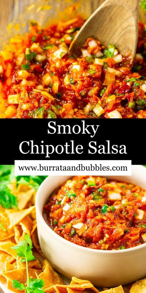 This tomato chipotle salsa will be your go-to party dip for every occasion! Featuring caramelized roasted tomatoes with the perfect kick of smoky notes, this chipotle salsa is a crowd pleaser, and making your own homemade salsa is easier than you might think. Best of all, the hands-on preparation time is under 30 minutes. Dried Chipotle Pepper Recipes, Chipotle Pepper Recipes, Chipotle Salsa Recipe, Roasted Tomato Salsa Recipe, Chipotle Salsa, Tomato Salsa Recipe, Food Bites, Spice Rubs, Bubble Recipe