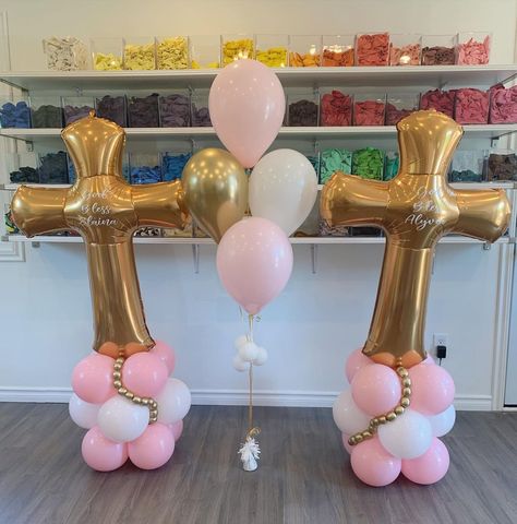 Pink Baptism Decorations, Communion Balloon Decor, 1st Birthday And Baptism Ideas Girl, Baptism Balloons, Cross Balloon Garland, Baby Girl Baptism Decorations, Dedication Balloon Decor, Baptism Party Ideas, Girl Baptism