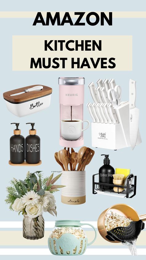 Amazon Kitchen, Amazon Must Haves, Amazon kitchen must haves, popcorn maker, strainer, white knife set, dish soap holder, butter dish, vase, decorative flowers, kitchen utensils, pink keurig, amazon aesthetic, farmhouse aesthetic, kitchen gadgets, amazon kitchen gadgets #amazonmusthave #amazonkitchen #amazonfinds #amazonkitchengadgets Pink Keurig, Amazon Aesthetic, Must Have Kitchen Items, Aesthetic Farmhouse, Keurig Coffee Maker, Flowers Kitchen, Amazon Kitchen Must Haves, Kitchen Finds, Farmhouse Aesthetic