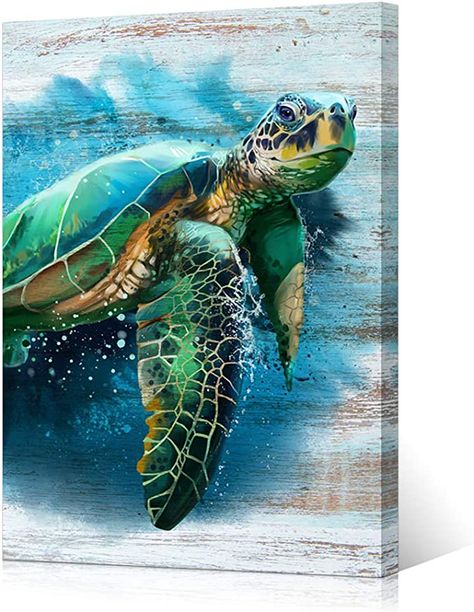 Amazon.com: HOMEOART Animal Sea Turtle Wall Picture Painting Photo Art Print on Canvas Stretched Framed Canvas Artwork Bathroom Living Room Wall Decor 24"x36": Posters & Prints Ocean Theme Bathroom, Turtle Wall Decor, Sea Turtle Watercolor, Turtle Watercolor, Outdoor Signage, Turtle Painting, Beach Wall Decor, Tumbler Decal, Watercolor Canvas