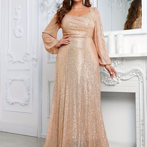 Plus Size Sequin Brush Train Dress, Elegant Lantern Sleeve A-line Dress For Party & Banquet, Women's Plus Size Clothing Train Dress, Plus Size Sequin, Dress For Party, Plus Size Kleidung, Accessories Clothing, Dress Elegant, Lantern Sleeve, Lantern Sleeves, Y2k Style