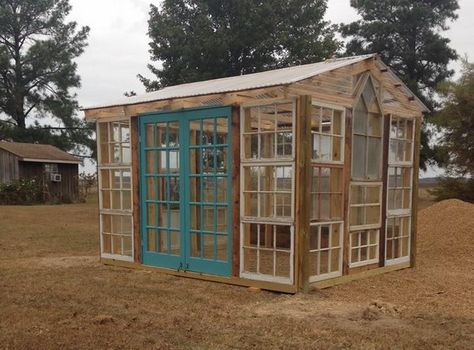 Upcycle Window Greenhouse, Greenhouse Made From Old Doors, Greenhouse Out Of Old Doors, Greenhouse Made From Old Windows And Doors, Green House Old Windows Diy, Homemade Greenhouse Old Windows, Old Door Greenhouse, Diy Greenhouse Plans With Old Windows, Diy Green House With Old Windows