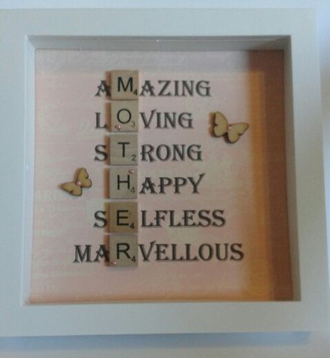 Scrabble Tile frame mother's day gift idea. Scrabble Letter Crafts, Scrabble Tile Art, Scrabble Tile Crafts, Tile Frame, Scrabble Crafts, Box Frame Art, Scrabble Frame, Scrabble Art, Scrabble Letters