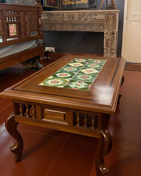 Bikaner Teakwood centre table with vintage Ceramic Japanese tiles from Studio Ebony. Desi Furniture, Teak Furniture Living Room, Vintage Center Table, Wood Centre Table, Diwan Furniture, Japanese Tiles, Centre Tables, Living Room Indian, Center Table Decor