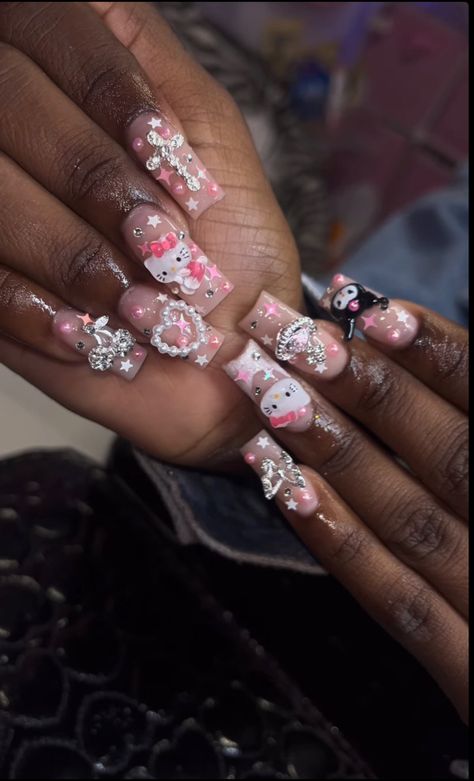 Pink Y2k Hello Kitty Nails, Y2k Nails Cheetah, Hello Kitty And Kuromi Nails, Hello Kitty Manicure, Hello Kitty Christmas Nails, Pink Hello Kitty Nails, Kitty Nails, Girly Acrylic, May Nails