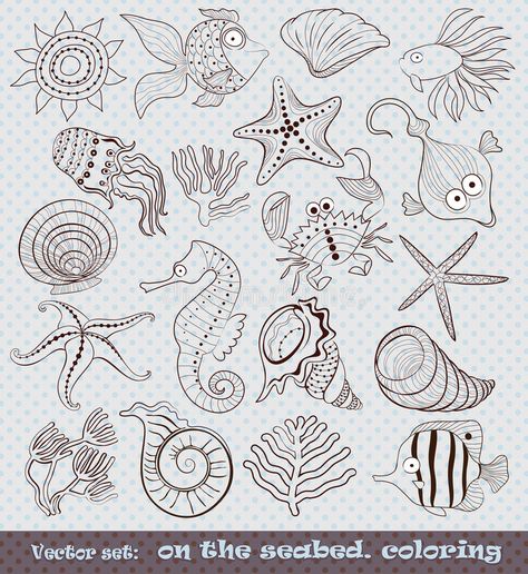 Set of animated inhabitants of the sea floor vector illustration Sea Floor Drawing, Ocean Floor Drawing, Sea Sketches, Sea Doodles, Floor Drawing, Sea Creatures Drawing, Mermaid Quilt, Fish Sketch, Pyrography Designs