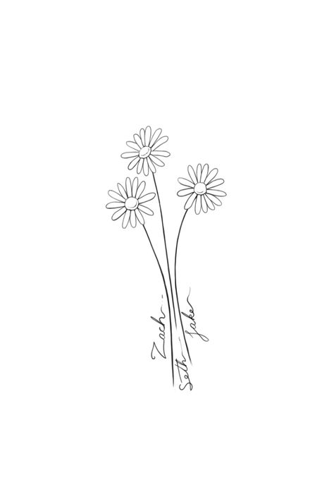 3 Flower Tattoo Simple, Three Flowers Tattoo Simple, Fine Line Daisy Tattoo Ideas, Simple Tattoos For Family, Tiny Flower Tattoo Simple No Stem, 3 Small Flowers Tattoo, Three Names Tattoo, Three Small Flowers Tattoo, Three Flower Tattoo Small