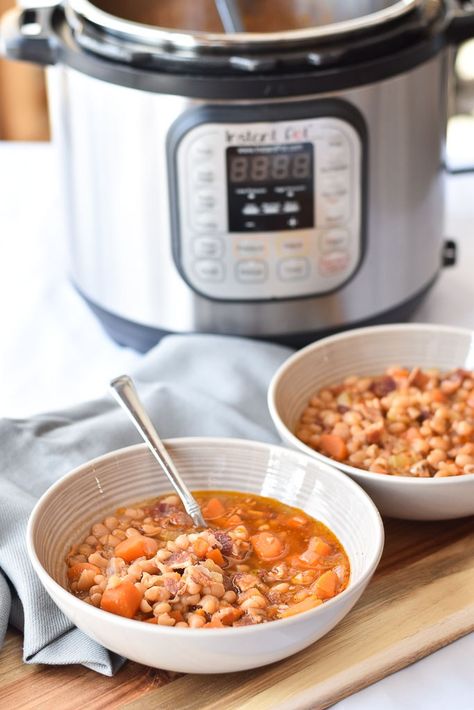 Two bowls of Instant Pot Bean and Bacon Soup in front of an Instant Pot Instant Pot Recipes For Two, Soup Instant Pot Recipes, Bean With Bacon Soup, Bean And Bacon Soup, Bacon Soup, Lady D, Best Instant Pot Recipe, Instant Pot Soup, Instapot Recipes