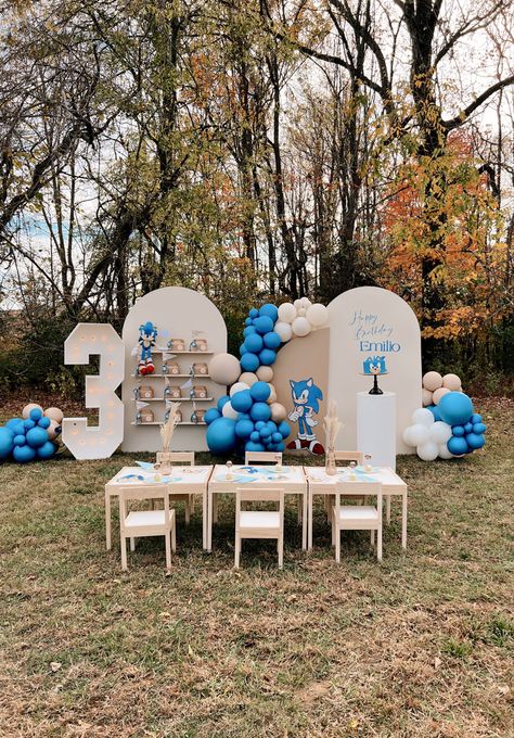 Sonic The Hedgehog 3rd Birthday Party, Sonic Birthday Party At Park, Modern Sonic Birthday Party, Sonic Party Centerpieces, 5th Birthday Decorations For Boys, Sonic The Hedgehog Balloon Arch, Sonic Bday Party, Sonic Decoration Ideas, Sonic Birthday Ideas