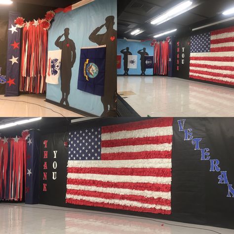 merdeka Veterans Day Stage Decorations, Veterans Day Backdrop, Veterans Day Program Ideas For School, Veterans Day School Decorations, Veterans Day School Program Ideas, Veterans Day Assembly Ideas For School, Remembrance Display, Military Month, Veterans Day Poppy