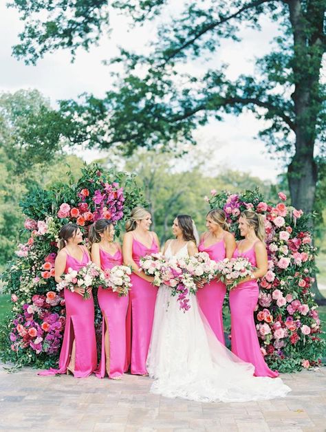 Pantone Color Of The Year 2023 Wedding, Pink Bridesmaid Dresses With Bow, Different Shade Of Pink Bridesmaid, Pink Weddings Ideas Color Schemes, Bright Flowers Wedding Bridesmaids, Barbie Bridesmaid Dresses, Colorful Floral Wedding Bridesmaids, Hot Pink Wedding Theme Color Combos, Fuschia Bridesmaid Dresses Color Schemes