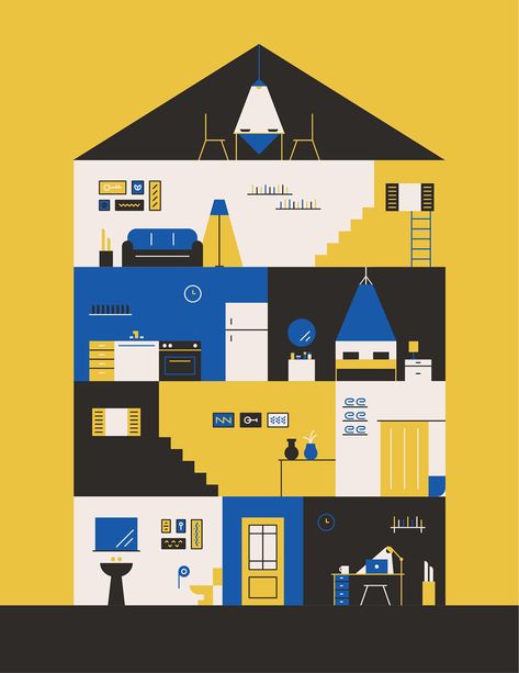 House Infographic Design, Office Wall Illustration, Inside House Illustration, Ikea Layout, Ikea Illustration, Ikea Building, House Top View, House Infographic, House Graphic Design