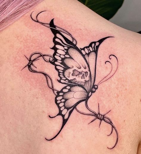 Y2k Butterfly Design, Butterfly Ankle Tattoo Wrap Around, Butterfly Skull Tattoo For Women, Landing Butterfly Tattoo, Edgy Butterfly Tattoo, Y2k Butterfly Tattoo, Cute Skull Tattoos, Skeleton Butterfly Tattoo, Skeleton With Wings