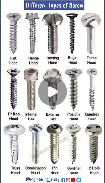 Screw Types, Types Of Screws, Types Of Bolts, Wood Workshop, Mechanical Gears, Screws And Bolts, Mechanic Tools, Tools Hardware, Metal Working Tools