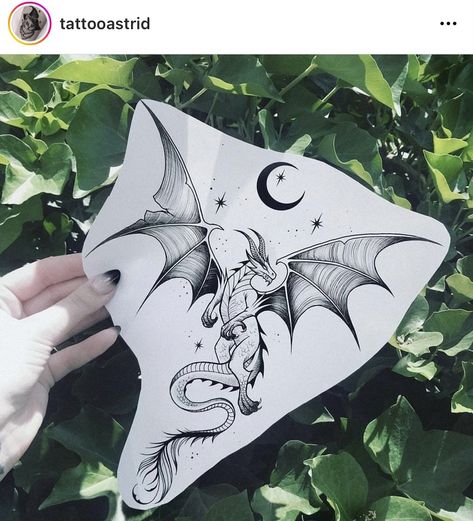 Tattoo Back Neck Woman, Dragon Rider Tattoo, Whimsical Dragon Tattoo, Dragon And Moon Tattoo, Dragon Moon Tattoo, Booktok Tattoos, Dragon Wings Tattoo, Dragon Tattoo With Wings, Greyhound Tattoo