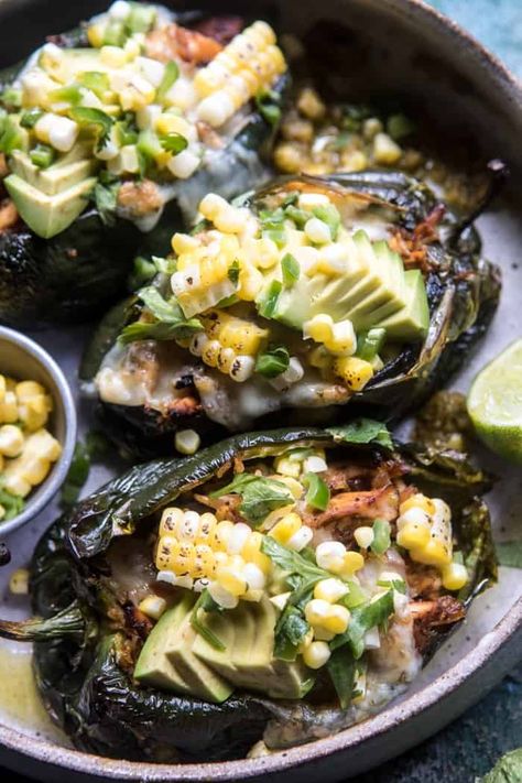 Nsng Meals, Chicken Stuffed Poblano Peppers, Chicken Stuffed Poblano, Half Baked Harvest Recipes, Poblano Pepper, Verde Chicken, Salsa Verde Chicken, Poblano Peppers, Chicken Stuffed