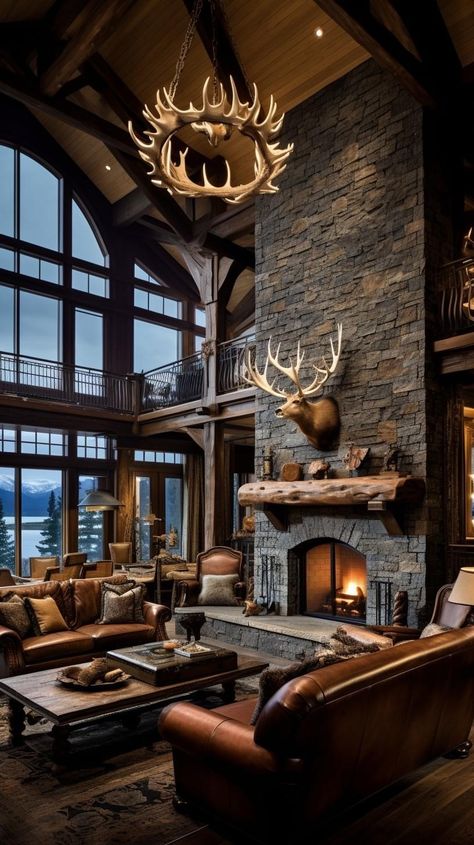 Cabin Game Room Ideas, Modern Hunting Cabin, Hunting Game Room, Log Cabin Mansions Interior, Hunting Lodge Living Room, Floor To Cieling Fireplace With Deer Mount, Mountain Lodge Living Room, Large Cabin Aesthetic, Lodge Fireplace