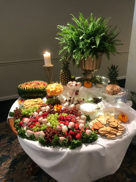 Rustic Fruit Display Ideas Wedding, Wedding Table Decor With Fruits, Reception Fruit Table, Fruit Platter Wedding Reception Food, Wedding Fruit And Cheese Display Appetizers Table, Fruit Tables, Sweet Table, Wedding Reception, Table Settings