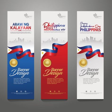 Set vertical banner design template. Happy Independence Day Philippines modern background with ribbon flag, gold award ribbon and silhouette city Happy Independence Day Philippines, Independence Day Philippines, Vertical Banner Design, Silhouette City, Ribbon Flag, Vertical Banner, Award Ribbon, Modern Background, Birthday Banner Design