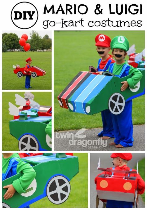 Mario and Luigi Go Kart Costumes Halloween Blog Hop » Twin Dragonfly Mario Kart Costumes, Cardboard Cars, Halloween Pirates, Mario Und Luigi, Holiday Boards, Mario Costume, Mario E Luigi, Pirates Party, Halloween School Treats