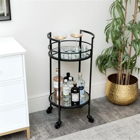 Round Black Antique Mirrored Glass Drinks Trolley Large Bedroom Mirror, Pink Bedroom Furniture, Antique Mirror Glass, Mirrored Bedroom Furniture, Black Bedroom Furniture, Kitchen Wall Cabinets, Bar Inspiration, Tier Shelf, Drinks Trolley