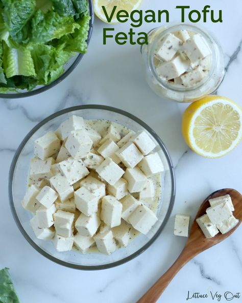 Feta Crumbles, Vegan Cheese Boards, Greek Salad Ingredients, Marinated Feta, Vegan Ravioli, Tofu Feta, Feta Recipe, Vegan Feta, Feta Cheese Recipes