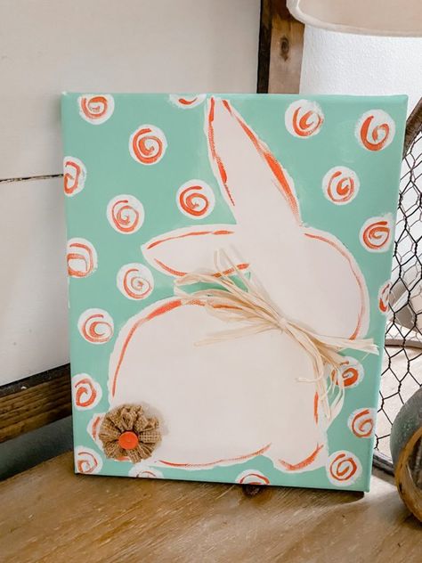 Spring Mantel Decor Ideas Easter Canvas Painting Ideas Easy Kids, Easter Art Painting Canvases, Diy Bunny Painting, Bunny Canvas Painting Diy, Diy Easter Canvas Painting, Bunny Painting Simple, Fun Paintings Ideas, Diy Easter Paintings On Canvas, Easter Bunny Painting On Canvas