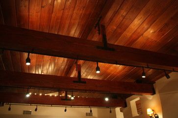 Wood Beam Track Lighting Design Ideas, Pictures, Remodel and Decor Ceiling Beams With Lights, Living Room Track Lighting Ideas, Screened Pergola, Easy Home Updates Diy, Rustic Track Lighting, Exposed Wood Ceilings, Lighting Design Ideas, Home Updates, Post And Beam Home